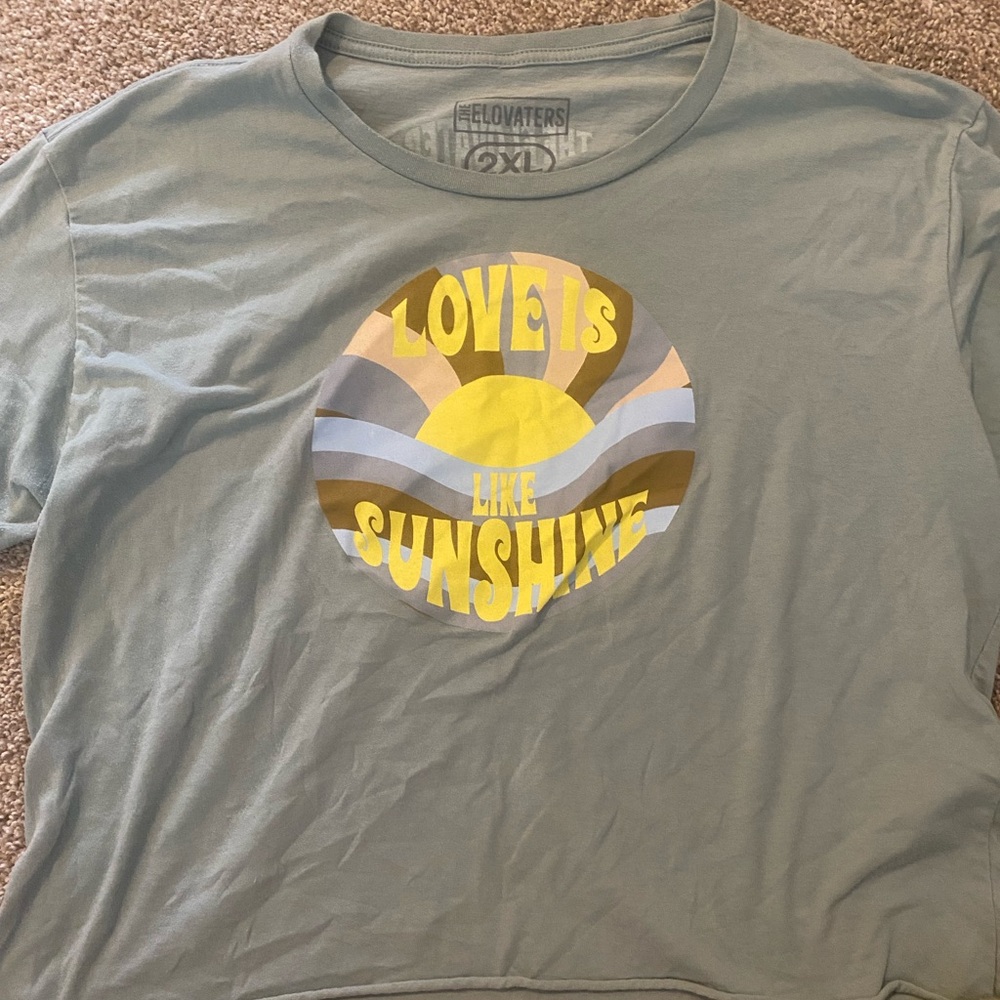 Green cropped “Love is Like Sunshine” tee from The Elovaters.